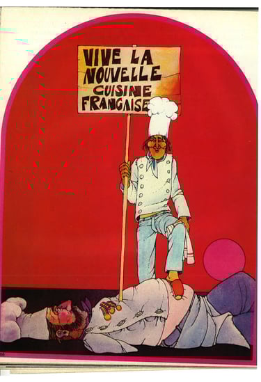 a chef holding a sign with an old man under his feet.