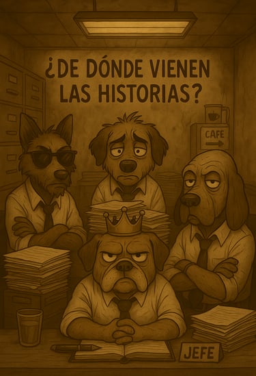 Cuatro perros antropomórficos en traje, uno con corona y placa de “Jefe”, rodeados de papeles en una