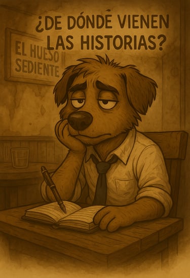 Perro antropomórfico con camisa y corbata escribe en un cuaderno en una cafetería llamada “El Hueso 