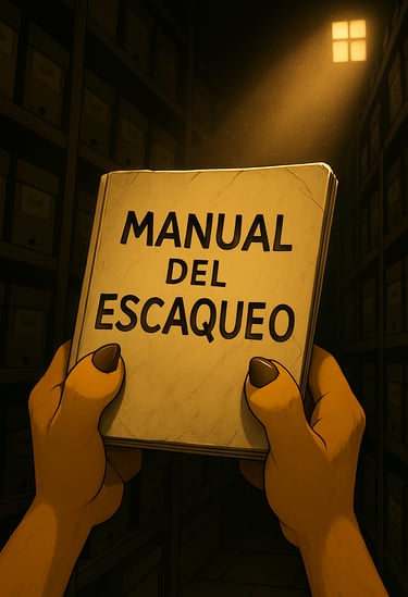 Unas patas de perro sostienen un viejo libro titulado 'MANUAL DEL ESCAQUEO' en un archivo oscuro, il