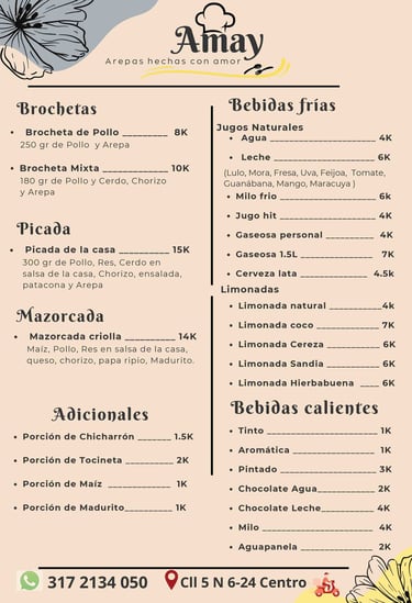 Menu Brochetas, picadas, mazorcada y bebidas en restaurante Amay  en Cajamarca