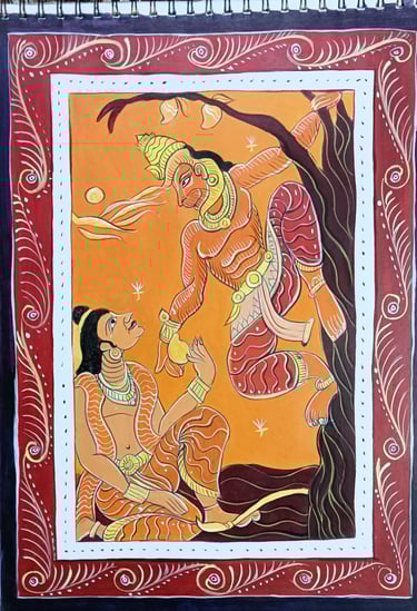 pattachitra art of ramayana in which lod rama is getting fruit from his devotee hanuman