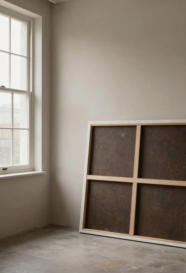 A wide-angle, minimalist photograph of a personal art studio with a single large canvas leaning against a clean taupe wall. A tall window provides soft, natural light, creating a curated aesthetic. International / Western setting. Colors: taupe, dark brown, and cream.