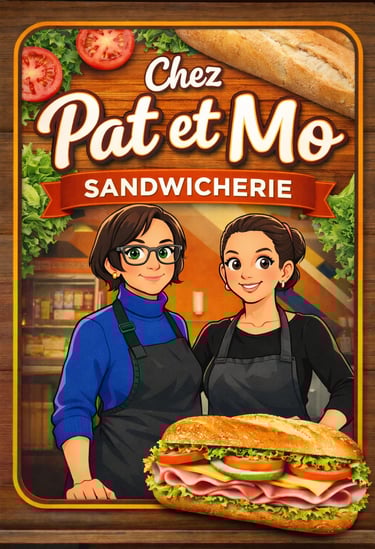 Enseigne illustrée pour Chez Pat et Mo Sandwicherie représentant deux femmes en tablier avec un sand