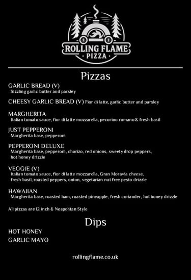 Rolling Flame Pizza menu featuring wood-fired Neapolitan style pizzas and garlic bread.