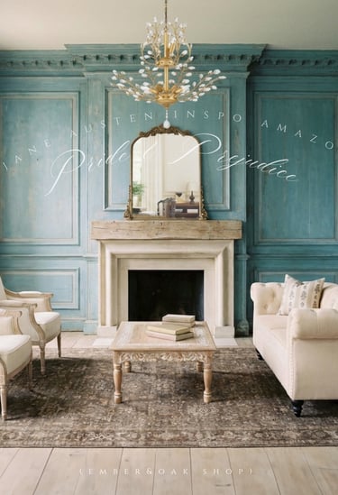 Elegant Regency style living room featuring blue wood paneling, a vintage fireplace, and a gold chandelier.