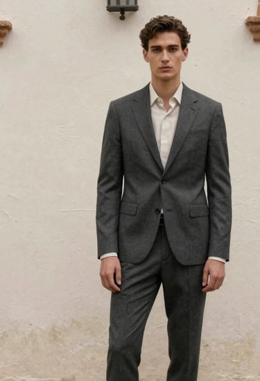 An editorial fashion shot of a model in a charcoal suit standing against a textured off-white wall in a Southern European / Spanish architectural setting, moody natural light.