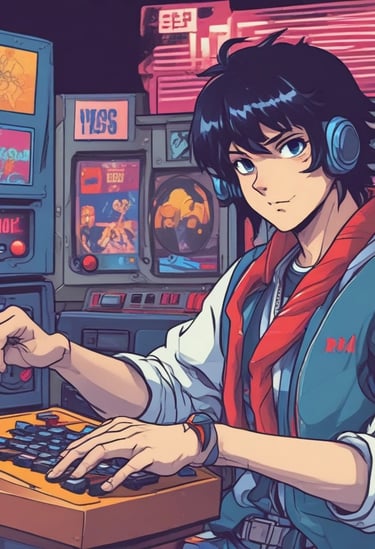 a man in a vest and headphones playing a video game