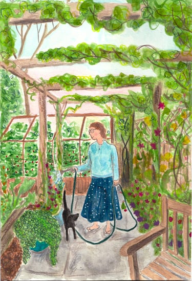 A watercolour, pencil and gouache illustration of a middle aged woman and her dog watering a garden in summer