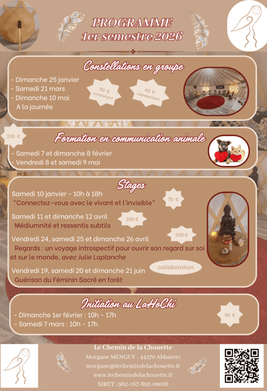 programme des stages chamaniques au Chemin de la Chouette