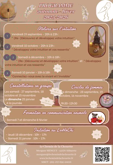 programme du CHemin de la Chouette automne hiver 2025 2026 dates des ateliers formations