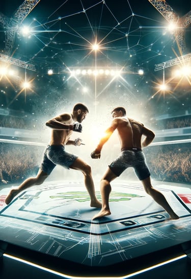 Justin Gaethje and Rafael dos Anjos fighting in the octagon with a cheering crowd.