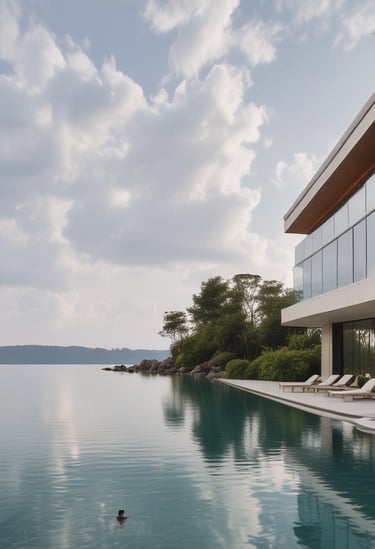 A stunning oceanfront resort at sunset with elegant palm trees and a couple enjoying a private terrace.