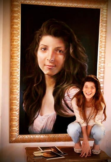 Photo of a girl posing in front of a portrait of herself