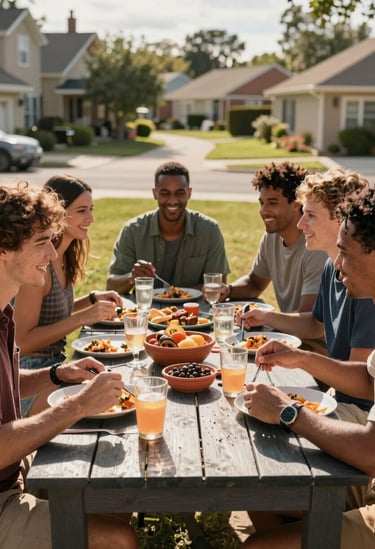 Candid lifestyle photography of a group of friends sharing a meal at a backyard BBQ in a North American suburb, warm sun-drenched atmosphere, Charcoal wooden table, Terracotta accents, cinematic lighting.