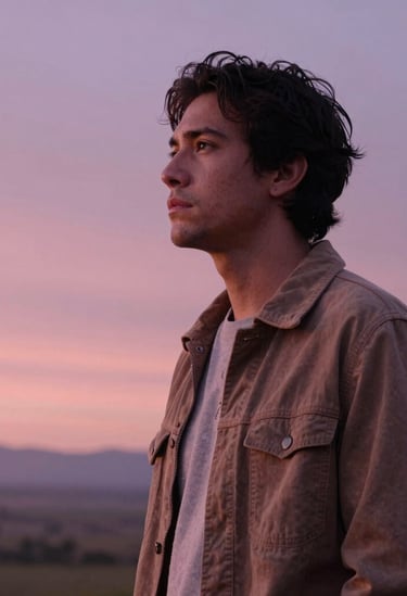 A cinematic portrait of a male musician looking thoughtfully at the horizon during dawn in a South American landscape. The lighting is dominated by salmon pink and muted mauve purple tones, creating an authentic and soulful mood.