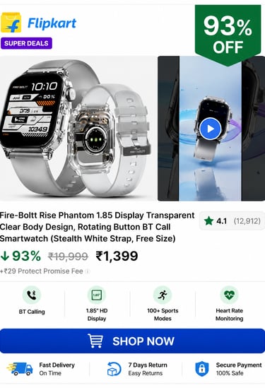 Fire-Boltt Rise Phantom Bluetooth calling smartwatch with transparent body design and 1.85 inch HD display.