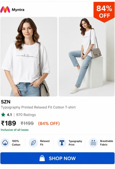 Woman wearing a white SZN typography printed relaxed fit cotton t-shirt with light blue jeans.