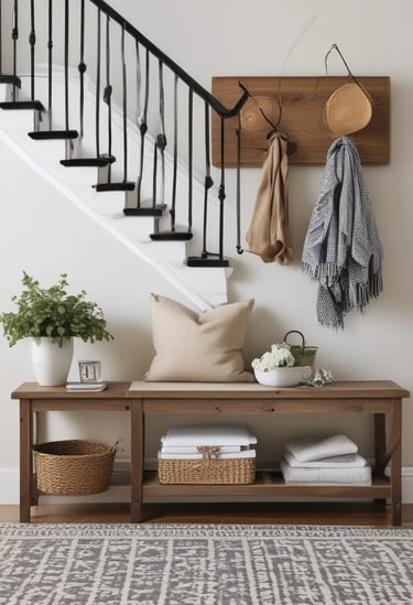 Modern farmhouse entryway bench with wall hooks, neutral pillows, woven baskets, and cozy decor