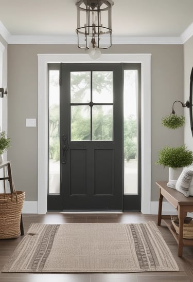 Modern farmhouse entryway with black front door, wooden console table, round mirror and neutral rug.