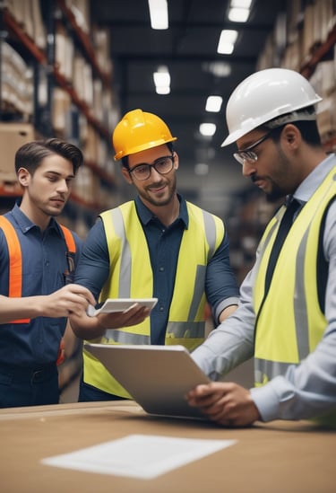 A diverse group of employees engaged in interactive AI-driven training on tablets in a modern workspace.