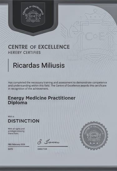Sertifikuoto energetinės medicinos praktiko diplomas, išduotas Ričardui Miliušiui (Centre of Excelle
