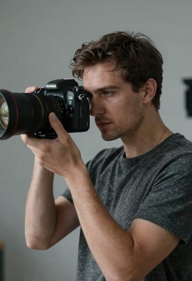 Atmospheric portrait of a photographer at work in a minimalist studio, professional equipment visible but blurred, focused expression, cinematic lighting with gray and charcoal tones, International Professional.