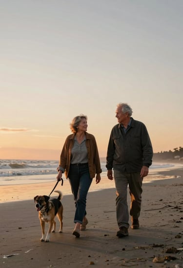 An older couple walking a dog on a North American / US beach at sunset. Cinematic, wide shot, warm colors, authentic emotion, Charcoal and Warm Brown accents in the attire.