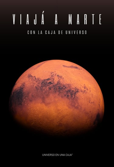 marte, el planeta rojo, sobre fondo negro. se lee "Viajá a Marte con la caja de Universo".