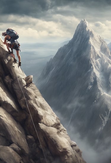 a man climbing a mountain with a backpack