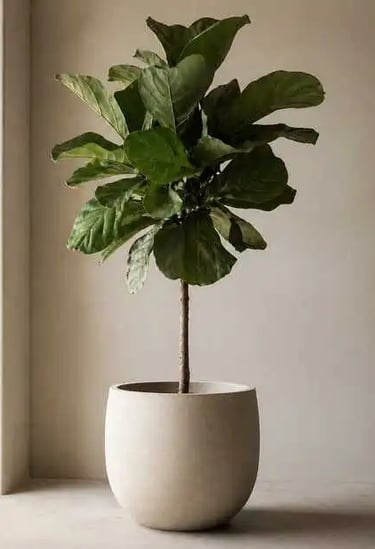 Contemporary Indoor Plant Styling: Fiddle Leaf Fig in Minimalist Neutral Pot for Modern Living Room