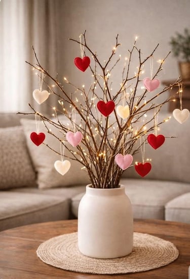  Valentine's Day decor featuring a branch tree with felt heart ornaments and fairy lights in a white vase.