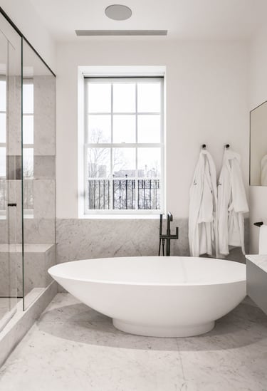 Victoria Albert freestanding tub, Statuario marble floor and surround, Charlers view, Erica Fossati Design, Back Bay Boston