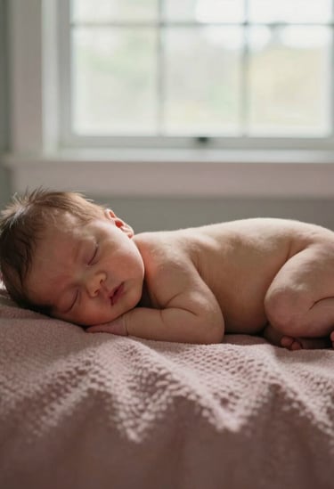 A peaceful lifestyle photography scene of a newborn baby sleeping on a textured dusty rose blanket. Soft, natural side-lighting from a large window in a North American / US (West Michigan) nursery setting, creating a sophisticated and warm atmosphere.