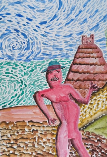 Scorch — sunburned figure on a beach beneath a swirling blue sky, watercolour, by Zanda