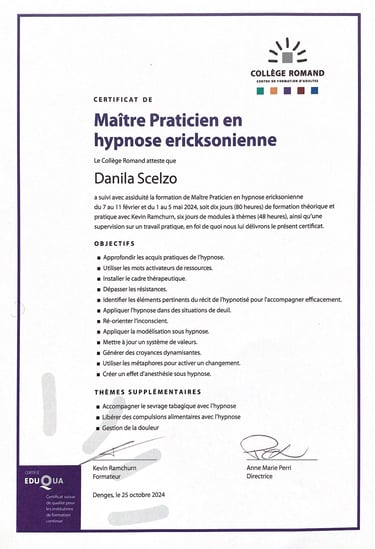 Certificat de Maître Praticien en Hypnose - Spécialisation Thérapies Brèves