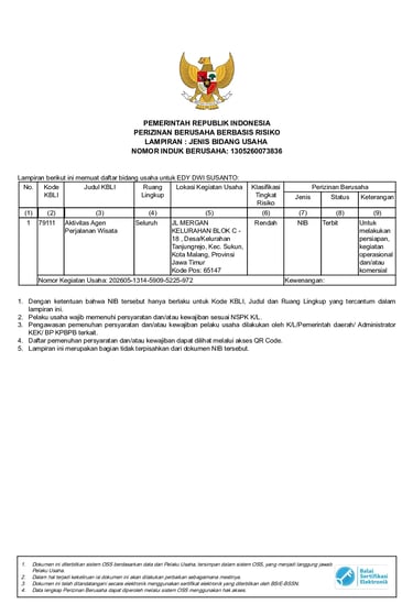 Nomor Induk Berusaha Travel Rahayu Malang, bab 2
