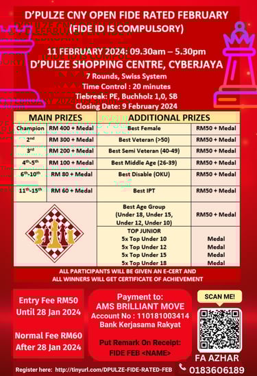 Malaysia Chess. Catur Malaysia. D’pulze CNY Open FIDE Rated February