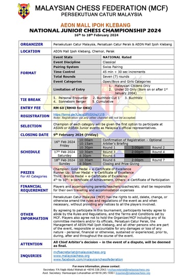 Malaysia Chess. Catur Malaysia. Malaysian Chess Federation. National Junior Chess Championship 2024