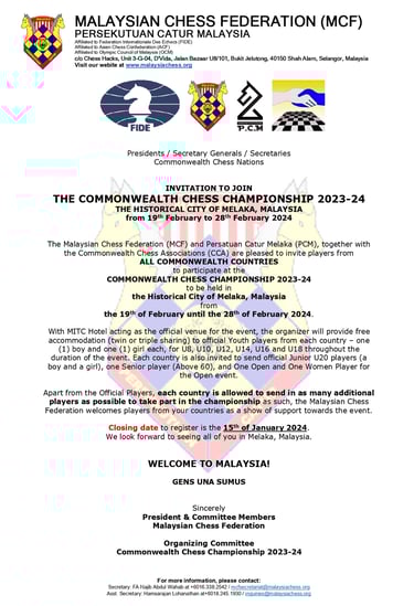 Malaysia Chess. Catur Malaysia. Malaysian Chess Federation. Commonwealth Chess Championship 2023-24