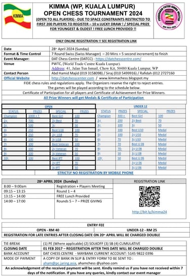 Malaysia Chess KIMMA (WP Kuala Lumpur) Open Chess Tournament 2024 