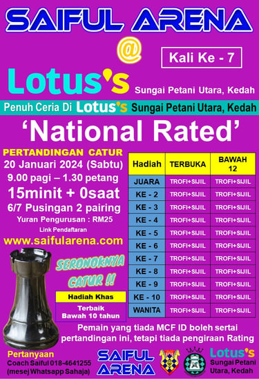 Malaysia Chess. Catur Malaysia.Pertandingan Catur Saiful Arena - Lotus's Ke-7 (National Rated Event)
