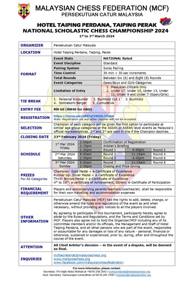 Malaysia Chess. Catur Malaysia. Malaysian Chess Federation. National Scholastic Chess Championship