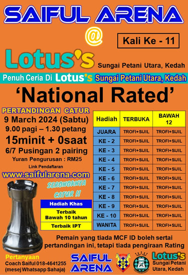 Pertandingan Catur Saiful Arena Lotus Kedah. Catur Kedah. Malaysia Chess