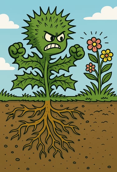 Distelartiges Unkraut, das Glaubenssätze repräsentiert und tief verwurzelt ist, boxt Blumen.