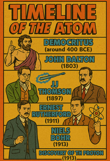 Comic strip timeline of the atomic models