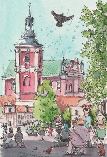 Urban Sketch Illustration dokumentarische Skizze poznan basilika in Aqurell und Tusche