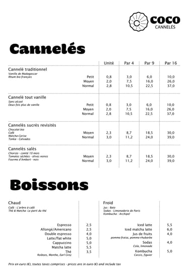 Un menu de cannelés et cafés