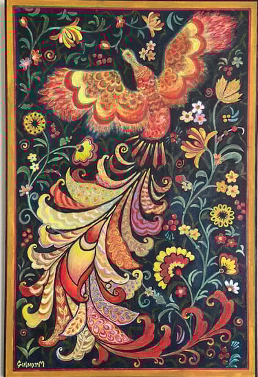18x27 painting of Russian folklore character Firebird done in colorful Khokhloma stile 