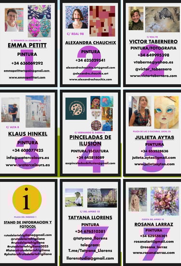 The image shows artists, the location where their work is shown and their contact details.